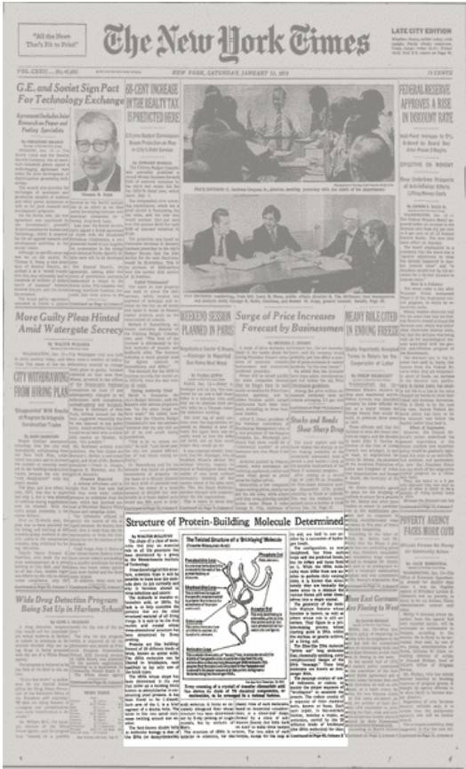 김성호 교수가 듀크대에 부임하고 이듬해 1973년 1월 학술지 ‘사이언스’에 tRNA가 ‘L’자 형 분자임을 밝힌 논문을 발표해 화제가 됐다. 뉴욕타임스는 1월 13일자 1면에 이 연구를 소개했다. 뉴욕타임스 제공