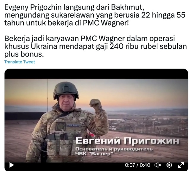 도네시아어로 작성된 구인 광고에는 '바그너 그룹을 이끄는 예브게니 프리고진이 우크라이나 바흐무트에서 22~55세 사이의 자원자들을 모집한다'는 내용이 담겼다./사진=폴리티코