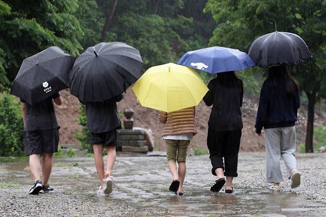 1일은 충청 이남 지역에 최대 20㎜의 비가 내릴 것으로 보인다. 사진은 지난 29일 경북 군위군 삼국유사면 석산리 약바람산촌생태마을에서 산책하고 있는 우산 쓴 어린이들. /사진=뉴스1