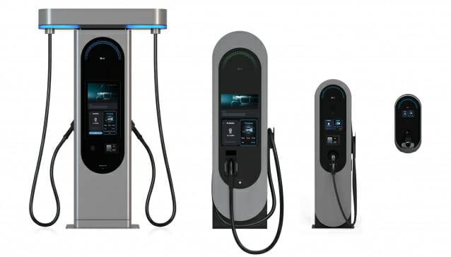 하이비차저 전기차 충전기 라인업. (사진 왼쪽부터) 100kW, 200kW, 7kw 스탠드형, 7kw 벽부형 (사진=LG전자)