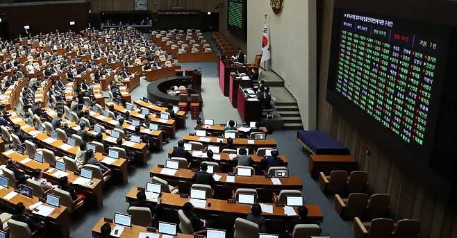 [서울=뉴시스] 추상철 기자 = 23일 오후 서울 여의도 국회에서 열린 제404회 국회(임시회) 제1차 본회의에서 '양곡관리법 일부개정법률안(대안)에 대한 수정안'에 대한 표결이 진행되고 있다. 2023.03.23.