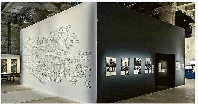 [홍콩 명보 캡처. 재판매 및 DB 금지]
베네치아비엔날레에 전시된 영국 건축가 엘리스 킬링의 '신장의 수용소 네트워크 조사'.