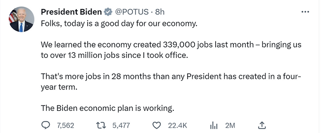 올해 5월 고용 증가를 자신의 치적으로 내세운 조 바이든(민주당) 미국 대통령 트위터