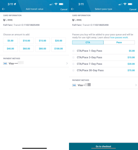 아이폰으로 벤트라 카드를 발급받는 과정. 왼쪽은 금액 충전식, 오른쪽은 정기권이다.