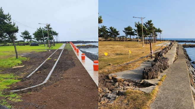 태흥1리 포구 태풍피해 복구공사 준공 후(왼쪽)과 피해 당시(오른쪽)의 모습 (서귀포시 제공)
