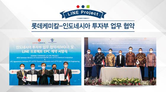 롯데케미칼-인도네시아 투자부 업무협약식(왼쪽) 및 라인 프로젝트 EPC 계약식 기념 사진.(롯데케미칼 제공)ⓒ 뉴스1