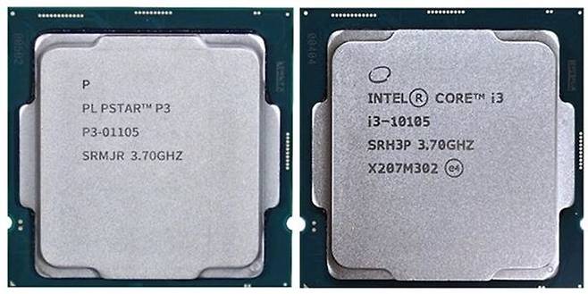 파워리더의 파워스타 P3 01105 CPU(왼쪽)와 미국 인텔의 코어 i3 10105 코밋 레이크 CPU. ⓒ ITHOME 캡처