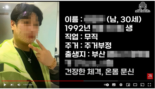 2일 유튜브 채널 '카라큘라 탐정사무소'를 통해 공개된 이른바 '부산 돌려차기 사건' 피의자 이모 씨의 얼굴과 신상 정보. '카라큘라 탐정사무소' 유튜브 화면 캡처