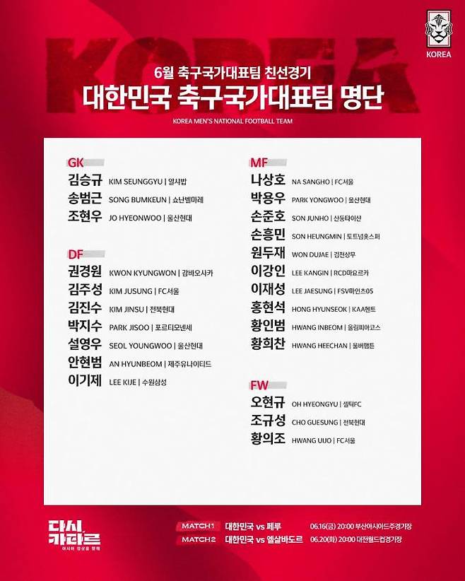 6월 A매치에 나설 대표팀 23인 엔트리. 대한축구협회(KFA) SNS