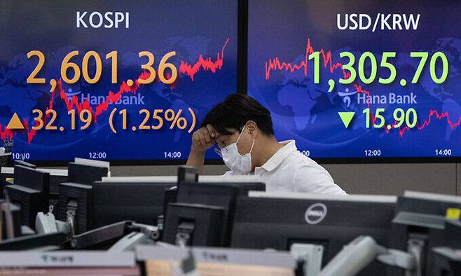 지난 = 2일 서울 중구 하나은행 명동점 딜링룸 전광판에 코스피 지수가 전 거래일 대비 32.19포인트(1.25%) 상승한 2601.36을 나타내고 있다. 뉴스1