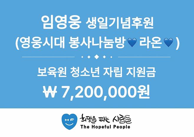 임영웅 팬클럽 영웅시대 봉사나눔방 라온 생일기념 720만원 후원