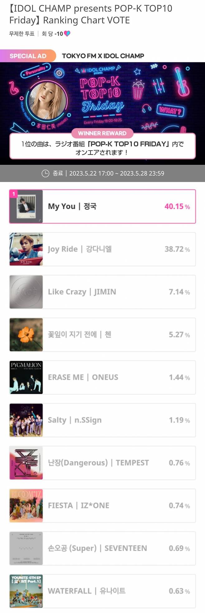 방탄소년단 정국 'My You', 도쿄 FM '팬 선택 위클리 인기 K팝 ' 1위