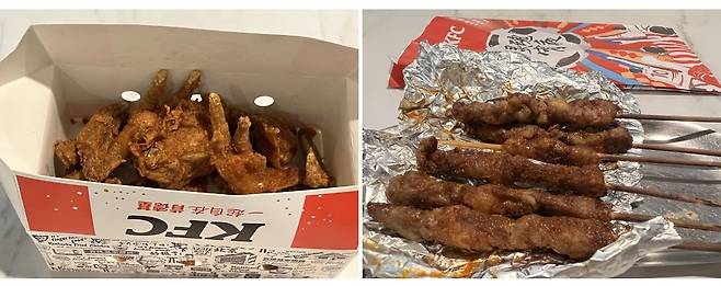 중국 KFC에서 배달 시킨 닭발과 양꼬치. /베이징=김남희 특파원