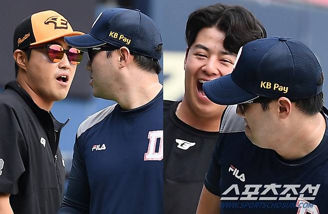 경기 전 그라운드에서 뭉친 홈런 타자 한화 채은성, 노시환, 두산 양석환이 장난을 치며 정을 나눴다. 잠실=박재만 기자 pjm@sportschosun.com