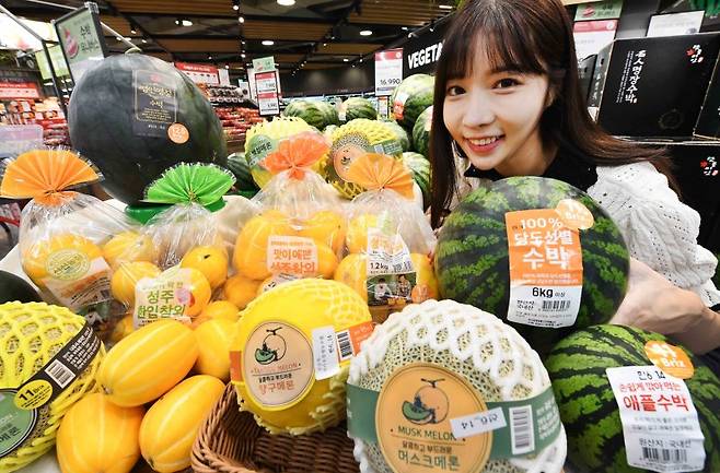 7일 서울 등촌동 '홈플러스 메가푸드마켓' 강서점에서 모델들이 '여름과일 당도보장' 행사 상품을 선보이고 있다. 홈플러스 제공