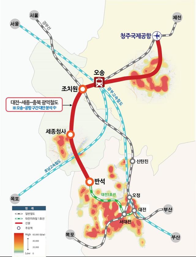 충청권 광역철도 청주도심 통과 예상 노선도(붉은 선)