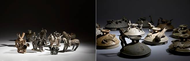 사람이 말을 탄 여러 기마형 토기들(왼쪽)과 토기 뚜껑에 장식된 인물과 온갖 동물 모양의 토우들. 중앙박물관 제공