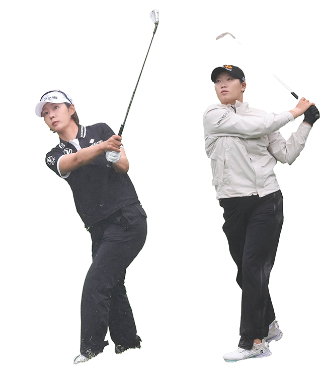 박지영(왼쪽), 방신실 2023 KLPGA 정규투어 플레이 모습. 사진=한국여자프로골프협회 제공