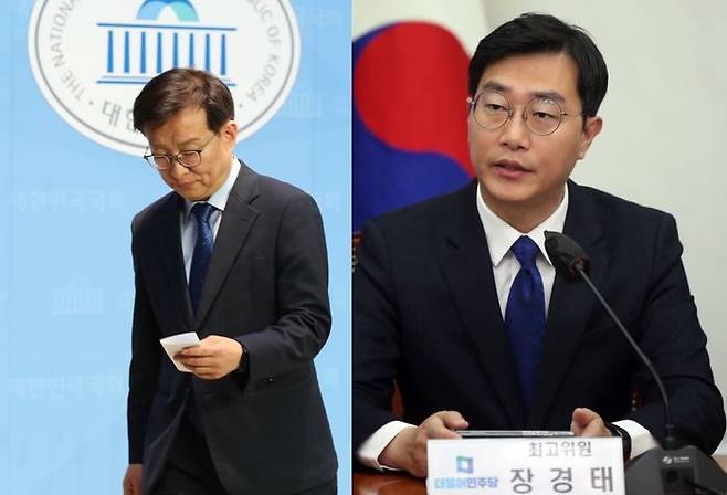 지난 7일 오전 서울 여의도 국회 소통관에서 천안함 함장 비하 발언에 대해 천안함 장병과 유족들에게 사과 발언을 마치고 나오고 있는 권칠승 더불어민주당 수석대변인(왼쪽)과 장경태 더불어민주당 최고위원 ⓒ뉴시스