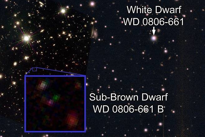 유럽남방천문대(ESO)의 초거대망원경(VLT)와 허블우주망원경이 포착한 외계 항성 마루(WD 0806-661)와 행성 아라(WD 0806-661 b). ESO/NASA 제공