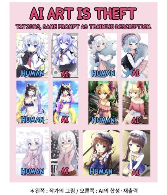 지난 2일 네이버웹툰 '도전만화' 코너에 올라온 'AI웹툰 보이콧'은 ″AI는 도둑″이라며 생성AI의 합성·재출력 결과와 기존 작품을 비교 제시했다. 네이버웹툰 캡처