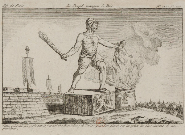 ‘왕을 잡어먹는 인민’(1793년)이란 제목의 작자 미상 그림. 인민을 상징하는 거인이 왜소해진 왕의 목을 쥐고 있다. 좌측의 대포와 우측의 병영은 인민 대 군주의 전쟁을 표현한 것이다. 창비 제공