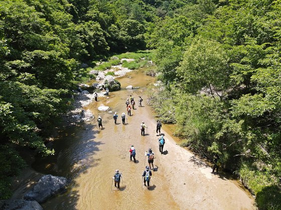 수타사계곡 물길 트레킹을 즐기는 사람들.