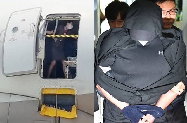 지난달 26일 오후 제주공항에서 출발해 대구공항에 비상구 출입문이 열린 채 착륙한 아시아나항공기에서 한 승무원이 문에 안전바를 설치한 뒤 두 팔을 벌려 막고 있다. 오른쪽 사진은 지난달 28일 구속 전 피의자 심문(영장실질심사)에 출석하기 위해 대구지방법원으로 들어가는 30대 피의자. 연합뉴스, 뉴시스