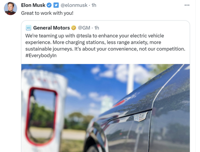 GM의 테슬라 전기차 충전 네트워크 사용 계획을 소개하는 일론 머스크 CEO 트윗 /출처=트위터