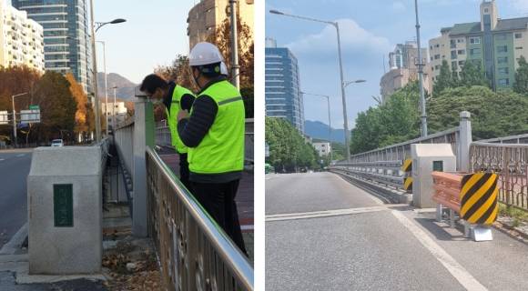 송파 방이고가교 충격완충장치 설치 전후 사진 (좌) 설치 전, (우) 설치 후