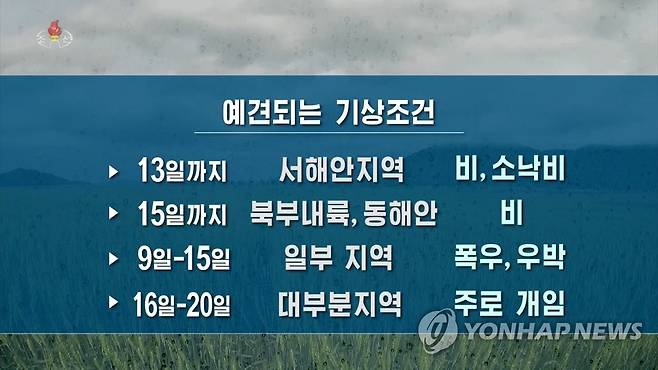 북한 올해 보리장마 시작 (서울=연합뉴스) 조선중앙TV는 10일 올해 초여름 장마가 시작됐다고 보도했다. 독고혁철 기상수문국 실장은 "6월 1일부터 북부지역을 지나가는 저기압골의 영향을 자주 받아서 북부내륙을 위주로 여러 지역들에서 비가 자주 내렸다"며 "8일부터는 이 저기압골의 대기높은층에 찬공기까지 겹쳐서 올해 보리장마가 시작됐다"고 설명했다.[조선중앙TV 화면] 2023.6.10 
    [국내에서만 사용가능. 재배포 금지. For Use Only in the Republic of Korea. No Redistribution] nkphoto@yna.co.kr