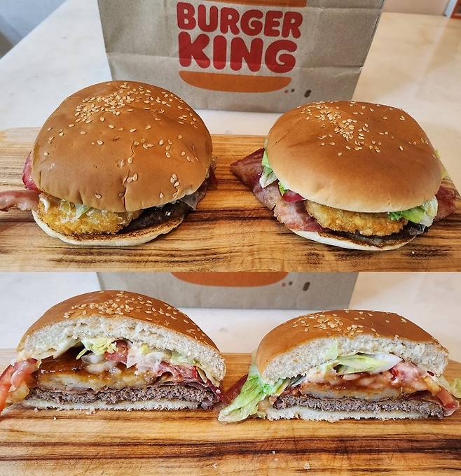 버거킹의 이나리우스 와퍼(왼쪽)와 릴리트 와퍼(오른쪽). 구성이 거의 같다/사진=김아름 기자 armijjang@