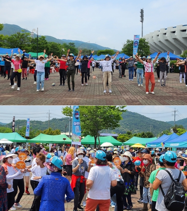  의정부시 체육회 지도사의 율동에 맞춰 시민들이 건강체조 및 광장에서 춤을 추고 있다. 김동일기자