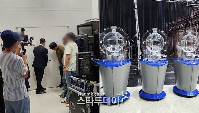 추첨장비가 담긴 창고를 여는 동행복권 직원과 MBC 관계자(왼쪽), 추첨기기 비너스. 사진| 김소연 기자