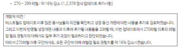 - 270레벨 이후 경험치 요구량에 대한 추가 업데이트가 발표됐다&nbsp;