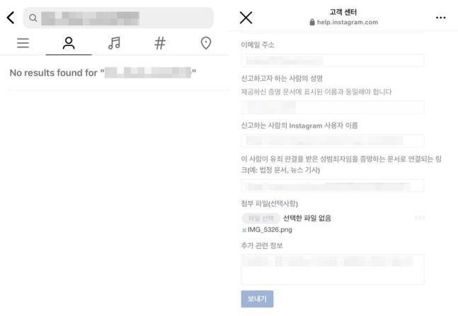 인스타그램 계정 검색 결과(왼쪽)와 '부산 돌려차기' 사건 가해자 계정을 신고하는 메일(오른쪽). [연합]