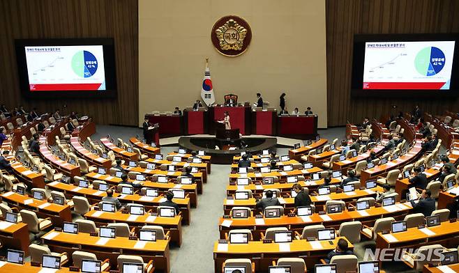 [서울=뉴시스] 고범준 기자 = 김예지 국민의힘 의원이 14일 오후 서울 여의도 국회에서 열린 제407회국회(임시회) 제3차 본회의 교육·사회·문화 대정부질문에서 한동훈 법무부 장관에게 질의하고 있다. 2023.06.14. bjko@newsis.com