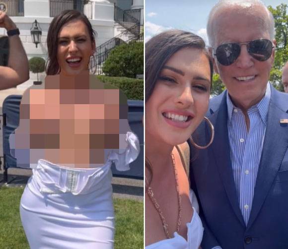 지난 10일(현지시간) 미국 워싱턴DC 백악관 사우스론에서 열린 '성소수자 인권의 달'(프라이드 먼스) 행사에 초청된 트랜스젠더 여성 활동가 로즈 먼토야가 가슴을 노출한 영상을 자신의 틱톡에 올렸다. 먼토야 틱톡 캡처