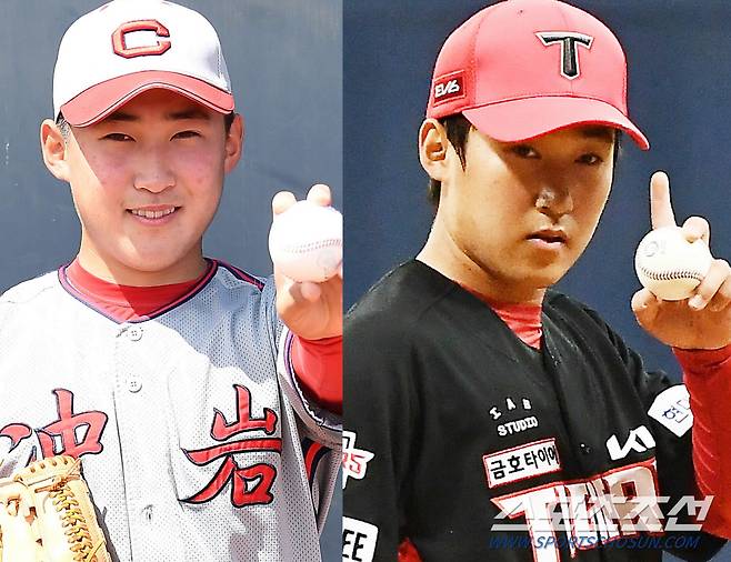 충암고 2학년 시절 해맑게 웃으며 포즈를 취하는 윤영철, 2년 후 어엿한 프로야구 선수가 된 KIA 타이거즈 윤영철의 모습. 박재만 기자 pjm@sportschosun.com