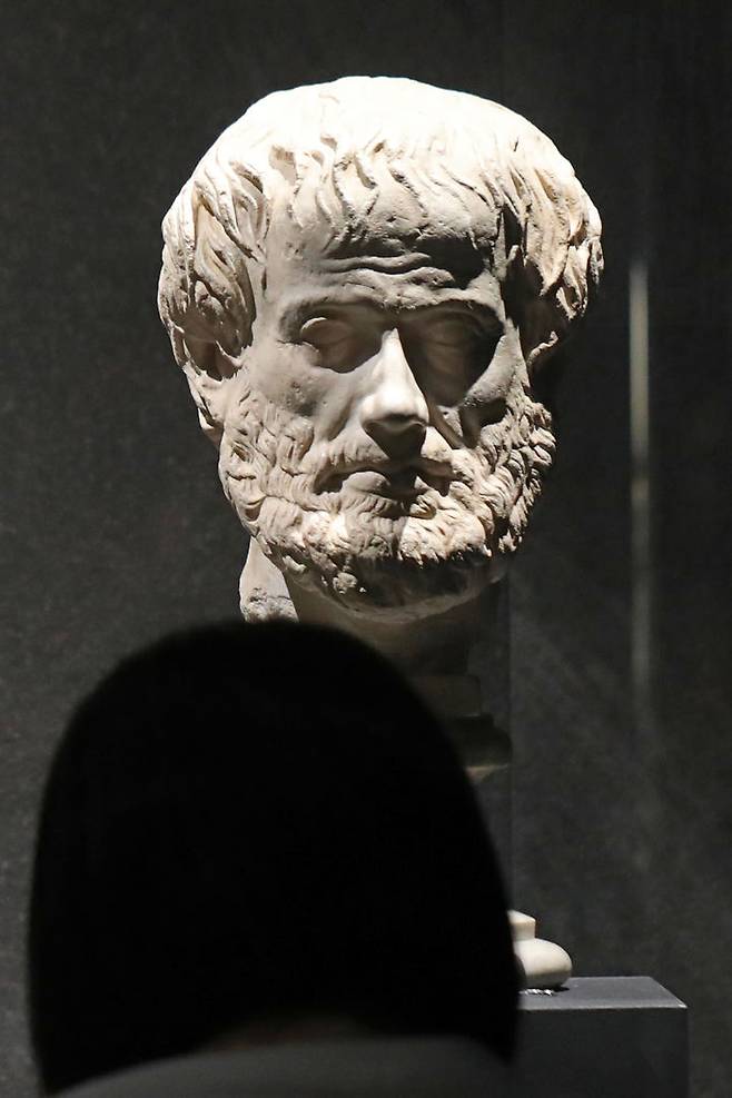 [서울=뉴시스] 박진희 기자 = '철학자 아리스토텔레스' 석고 두상. 그리스 시대에는 사람을 작품으로 표현할 때 그 사람의 속마음이나 정신, 겉으로 드러나지 않는 면을 담으려 했다. 시간이 지나면서 외모나 옷차림 등 개인의 특징을 강조하는 작품으로 점점 변했다. 이 작품은 그리스 대표 철학자 아리스토텔레스를 표현한 초상 조각이다. 푹 꺼진 뺨과 듬성듬성한 머리카락에서 노화의 흔적이 엿보이고, 조용하지만 생각이 깊은 모습으로 표현했다. 2023.06.17. pak7130@newsis.com *재판매 및 DB 금지