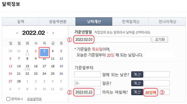 예시 : 네이버 날짜계산기에서 며칠째 되는지 계산