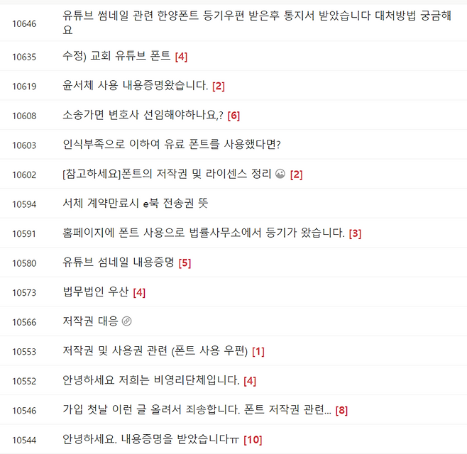 저작권 고소 카페에서 폰트 관련 분쟁 고민 게시글만 1만 건 이상을 확인할 수 있었다.