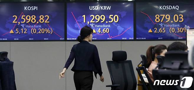 23일 오전 서울 중구 명동 하나은행 딜링룸 전광판. 2023.6.23/뉴스1 ⓒ News1 김성진 기자