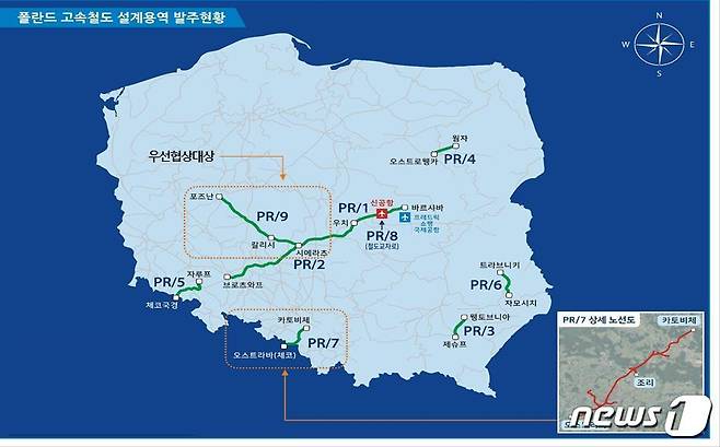 폴란드 신공항 고속철도 설계 노선도.(철도공단 제공)/뉴스1