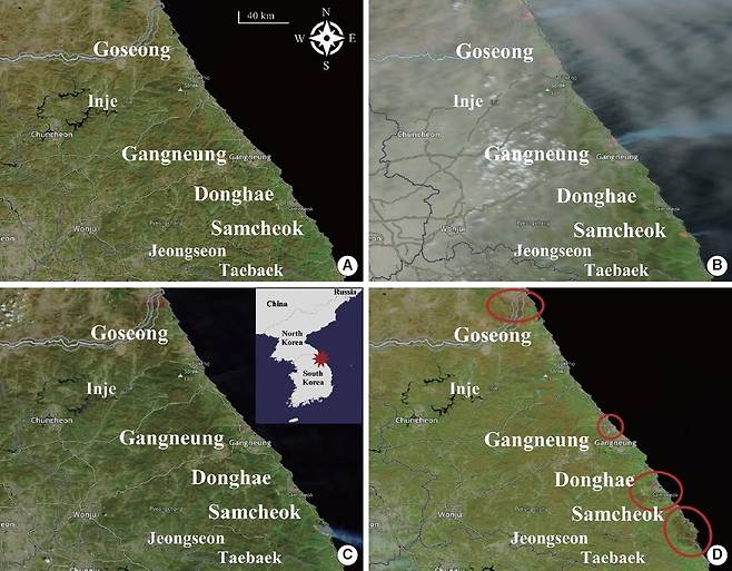 2000년 동해안 산불 당시 위성사진 (A) 화재 전날(2000년 4월 5일), (B)(C) 화재 당시(각각 4월 6일 및 4월 10일), (D) 화재 발생 후(4월 10일) 위성 사진 [논문 발췌]