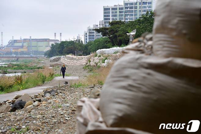 지난 5월30일 포항시 남구 오천읍 냉천변에 대형 모래포대가 쌓여있다.2023.5.30/뉴스1 ⓒ News1 최창호 기자