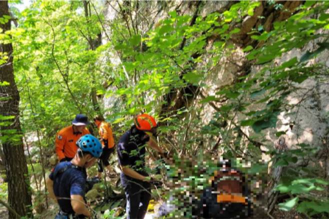 지난 25일 오전 9시 16분쯤 강원 인제군 북면 한계리 설악산 몽유도원도에서 암벽등반을 하던 A(65)씨가 70m 아래로 추락해 숨졌다. 강원소방본부 제공