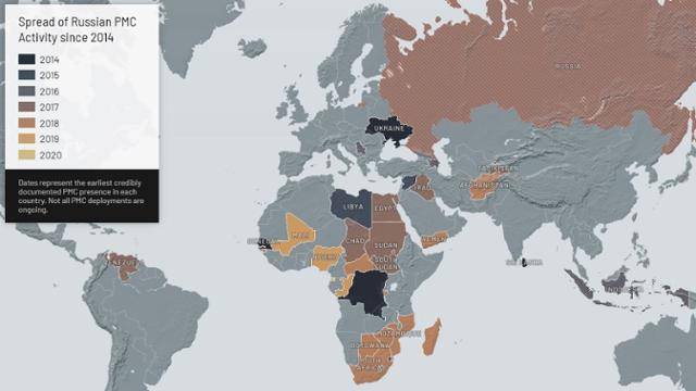 미국 싱크탱크 전략국제문제연구소(CSIS)가 2020년 초 발행한 보고서에 수록된 지도에 표시한 러시아 민간 군사기업(PMC)의 전 세계적 활동 현황. 러시아군 전문기관 등은 30여 개의 PMC가 아프리카 등지에서 활발한 활동을 했거나, 하고 있다고 분석한다. CSIS 캡처