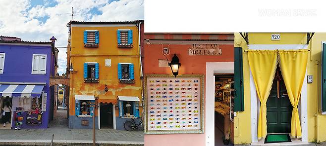 알록달록한 색깔이 조화로운 부라노섬의 집들. 모든 곳이 포토 존이 된다.  예쁜 기념품 상점들이 즐비하다.