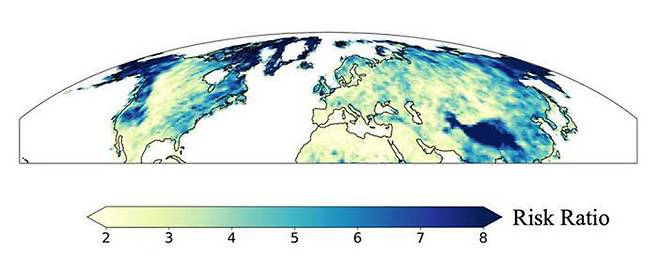 2100년까지 예상되는 극한 강우 위험 지도 (사진=Mohammed Ombadi/Berkeley Lab 제공, 연합뉴스)